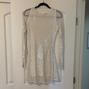 Long-Sleeve Ivory Sequin Fit-and-Flare Dress